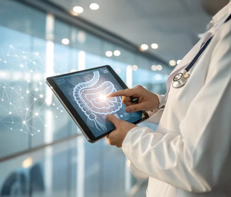 Médico gastroenterólogo revisando un intestino en una tablet